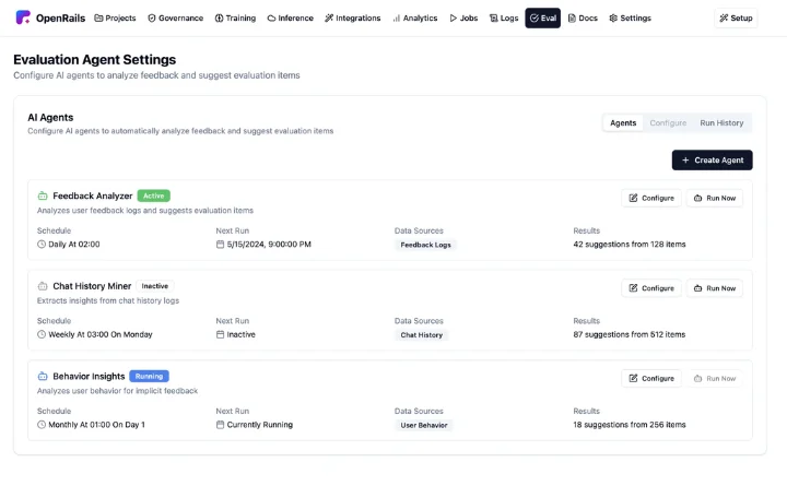 Screenshot of Clarity OpenRails AI evaluation agents interface.